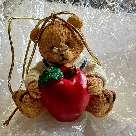 Avon 1997 Holiday Ornament GIFT TOPPER Teddy Bear Holding Apple Teacher Gift - Picture 1 of 11